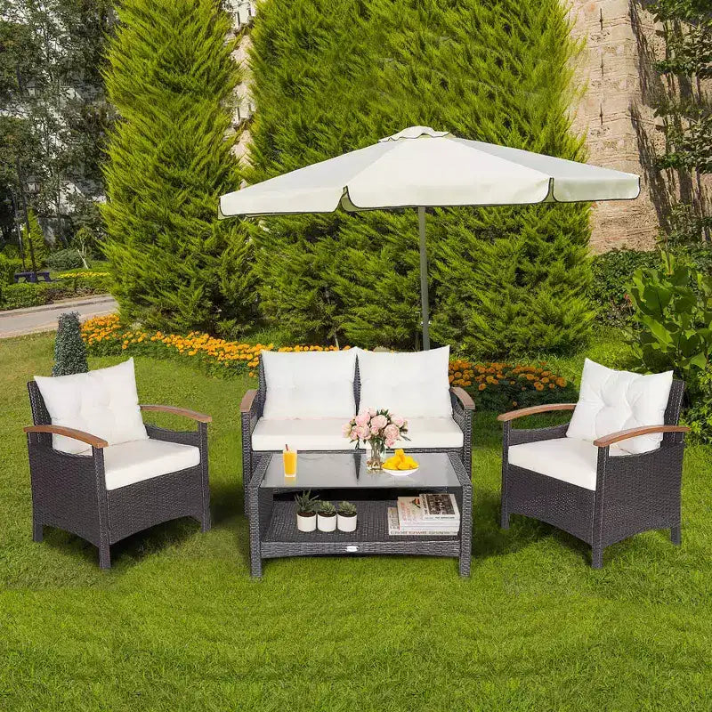 Costway Set Mobili da Giardino 4 Pezzi in Rattan Divano con Cuscini Tavolo Contenitore Off