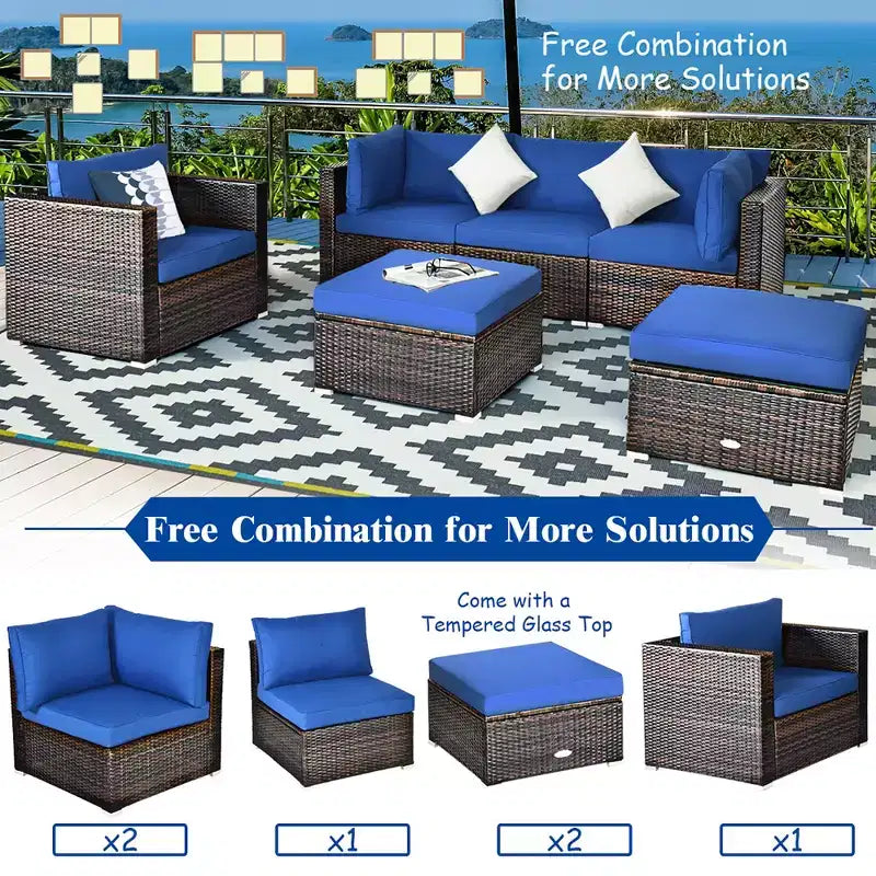 Costway Set da 6 Pezzi da Giardino in Rattan Divano Tavolino Pouf Blu Scuro