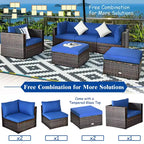 Costway Set da 6 Pezzi da Giardino in Rattan Divano Tavolino Pouf Blu Scuro