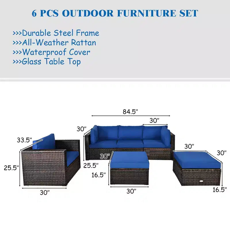 Costway Set da 6 Pezzi da Giardino in Rattan Divano Tavolino Pouf Blu Scuro