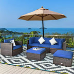 Costway Set da 6 Pezzi da Giardino in Rattan Divano Tavolino Pouf Blu Scuro