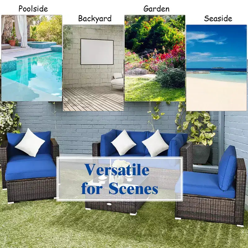 Costway Set da 6 Pezzi da Giardino in Rattan Divano Tavolino Pouf Blu Scuro