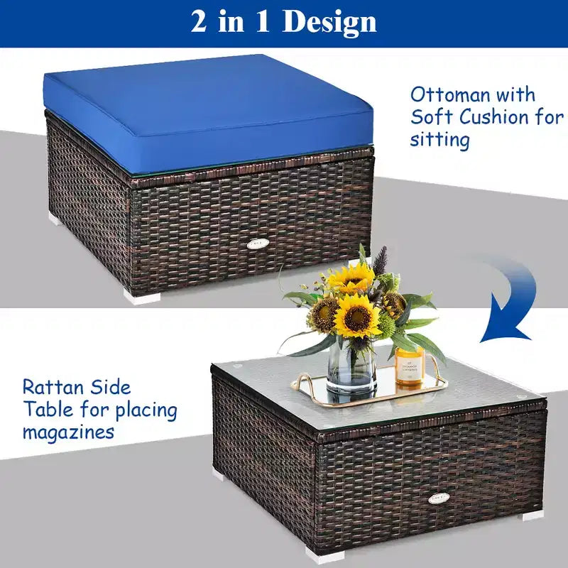Costway Set da 6 Pezzi da Giardino in Rattan Divano Tavolino Pouf Blu Scuro
