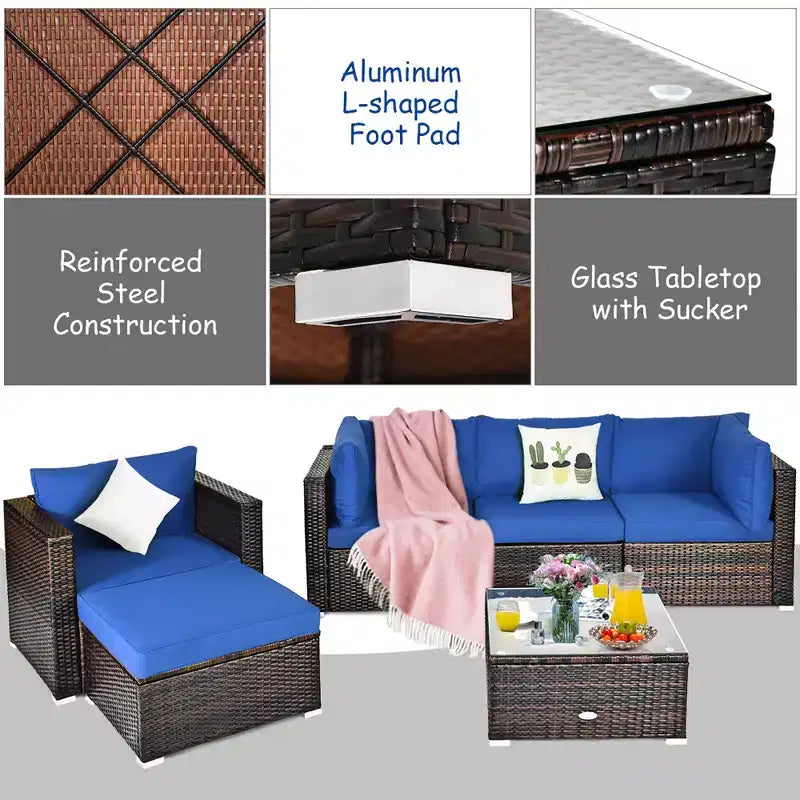 Costway Set da 6 Pezzi da Giardino in Rattan Divano Tavolino Pouf Blu Scuro