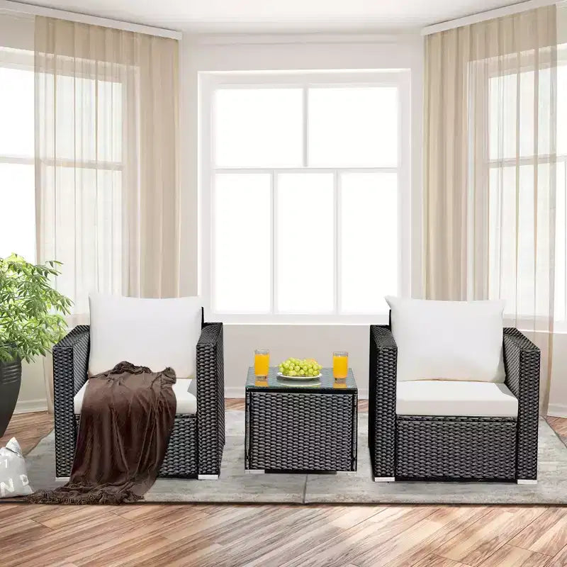Costway Set Mobili da Giardino in Vimini 3 Pezzi Salottino Rattan con Cuscini