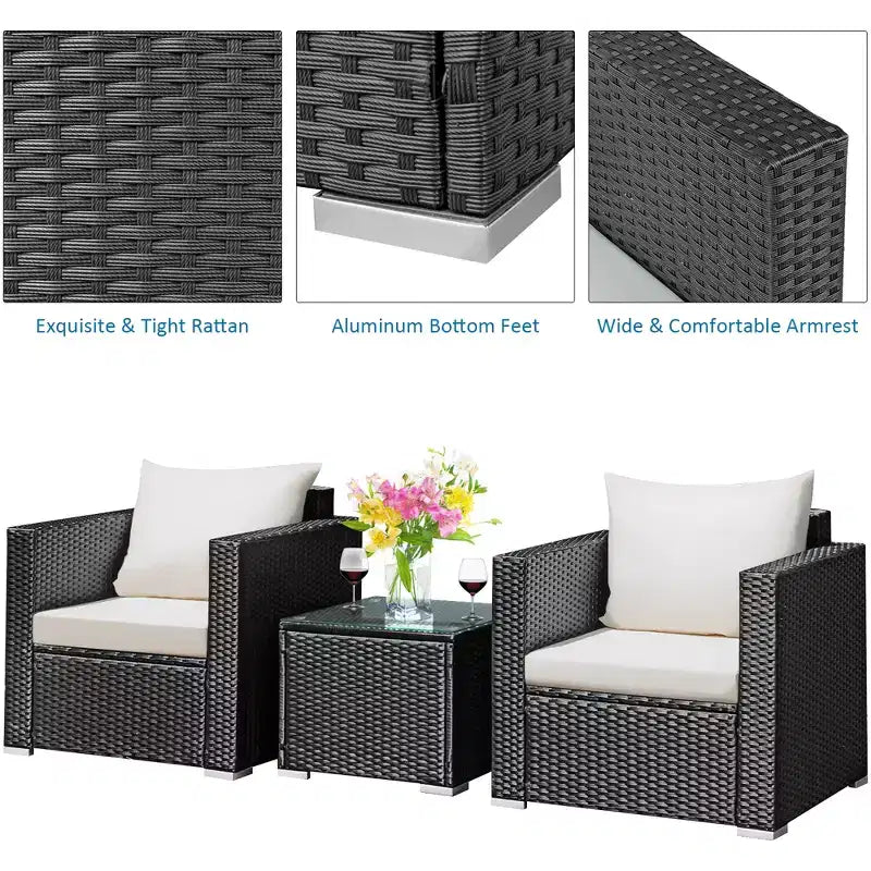 Costway Set Mobili da Giardino in Vimini 3 Pezzi Salottino Rattan con Cuscini