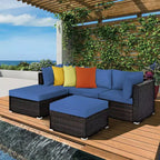 Set di mobili da giardino in rattan 5 pezzi Costway Set conversazione componibile tavolino e pouf blu navy
