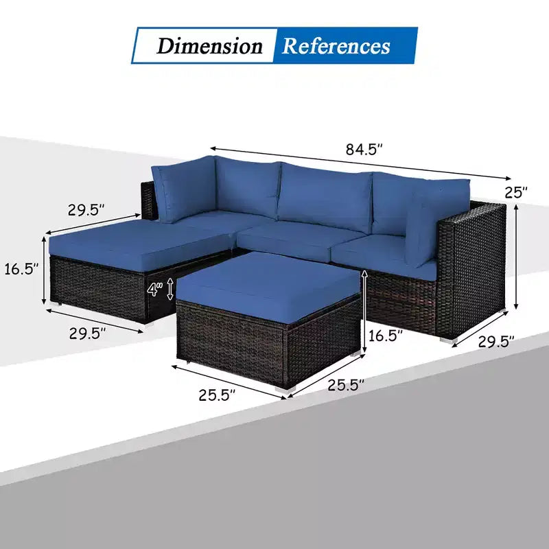 Set di mobili da giardino in rattan 5 pezzi Costway Set conversazione componibile tavolino e pouf blu navy