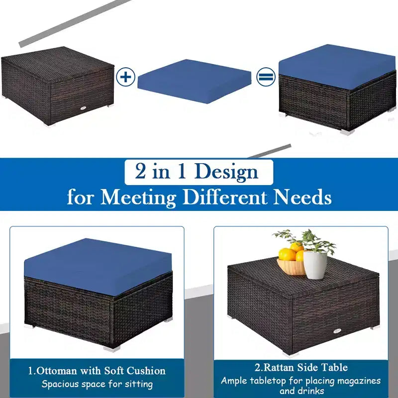 Set di mobili da giardino in rattan 5 pezzi Costway Set conversazione componibile tavolino e pouf blu navy