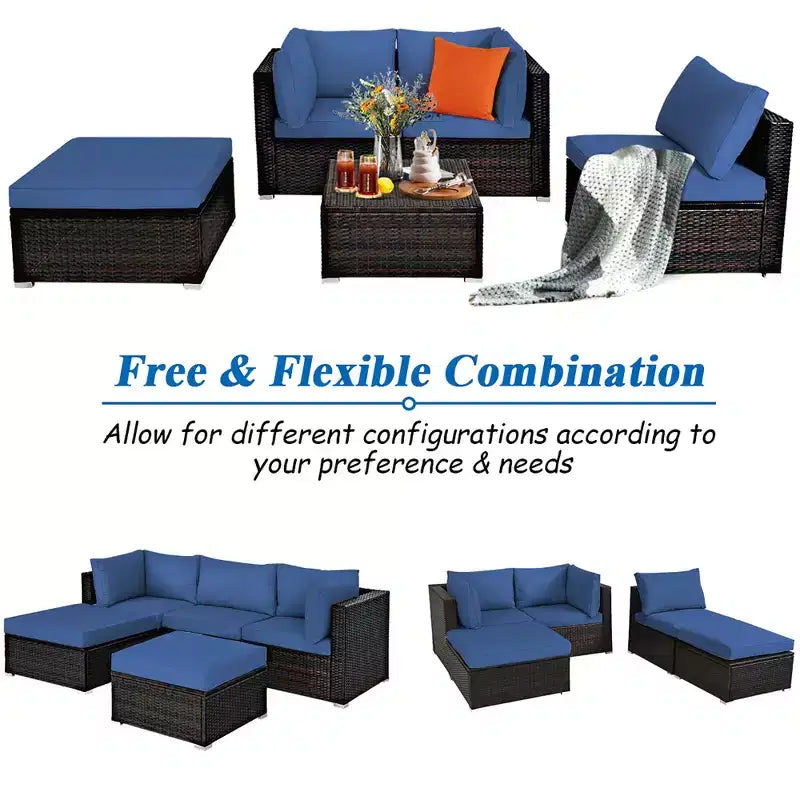 Set di mobili da giardino in rattan 5 pezzi Costway Set conversazione componibile tavolino e pouf blu navy