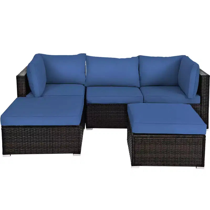 Set di mobili da giardino in rattan 5 pezzi Costway Set conversazione componibile tavolino e pouf blu navy