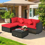 Costway Ensemble de Meubles de Jardin en Rotin 5 Pièces, Salon de Conversation Modulable avec Coussins Rouges