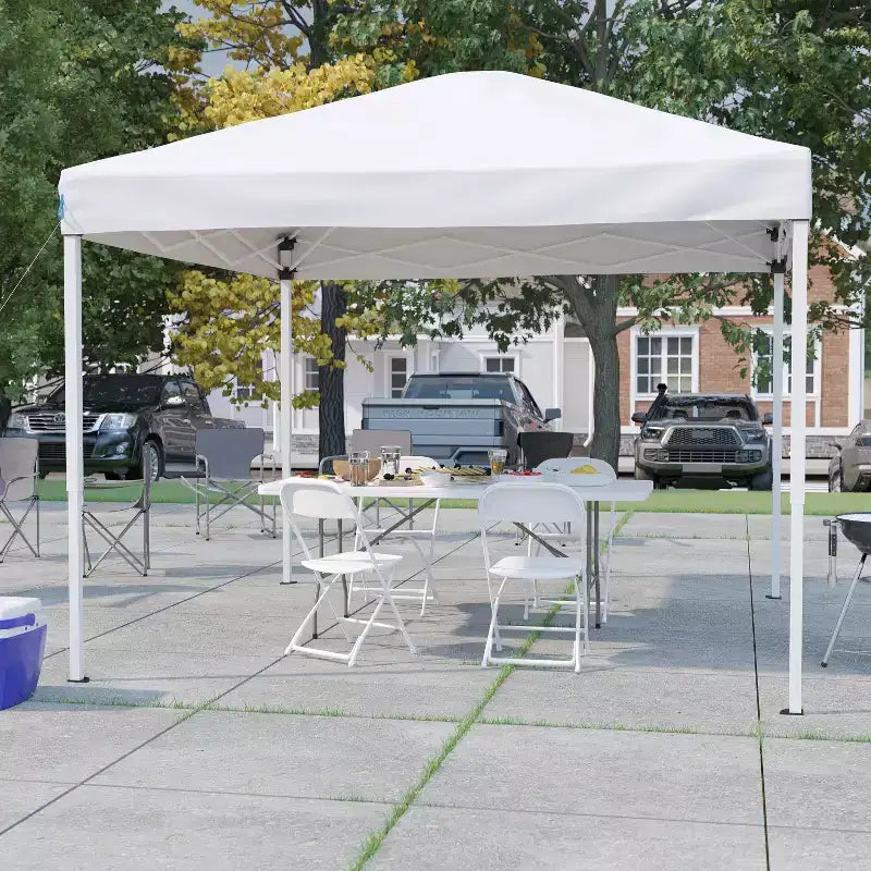 Set Tenda Portatile Flash Furniture per Portellone/Eventi - Tenda a Baldacchino Pop-Up 3x3 m, Tavolo Pieghevole a Libro da 1,8 m, Set di 4 Sedie Pieghevoli