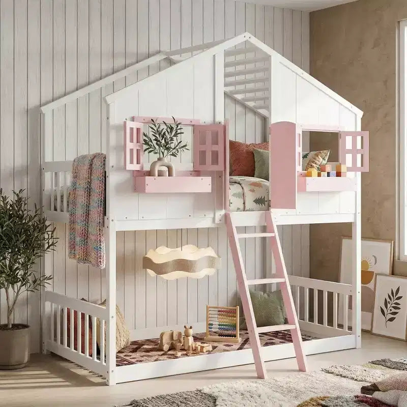Letto a soppalco a forma di casetta con scaletta e spondine per bambini, in legno, misura singola