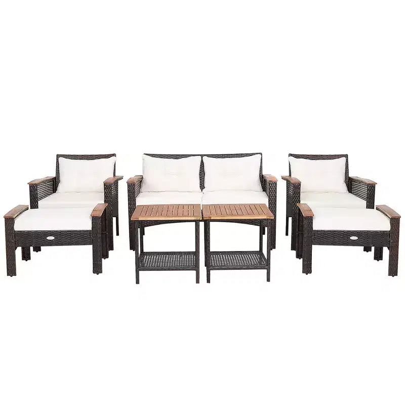 Set mobili da patio Costway 7 pezzi in rattan con divano, poltrona a due posti e tavolo imbottiti