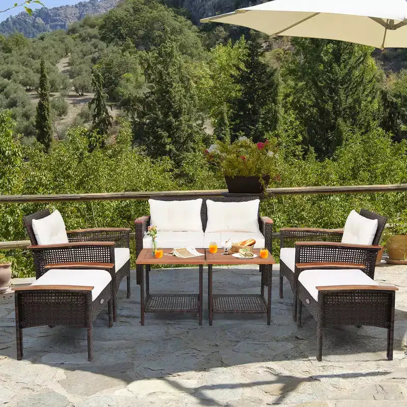 Set mobili da patio Costway 7 pezzi in rattan con divano, poltrona a due posti e tavolo imbottiti