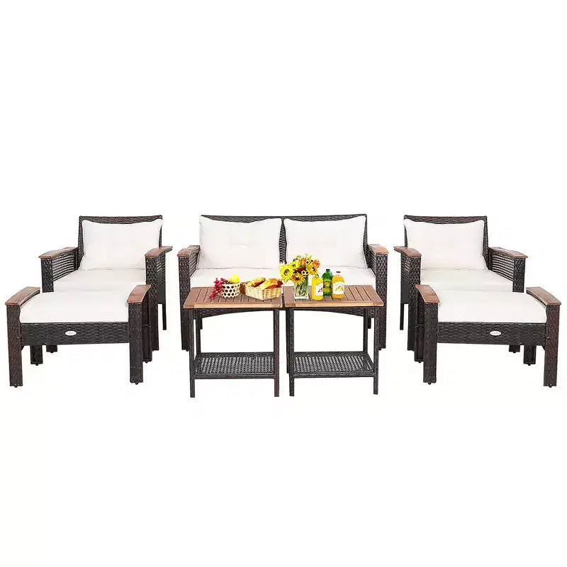 Set mobili da patio Costway 7 pezzi in rattan con divano, poltrona a due posti e tavolo imbottiti