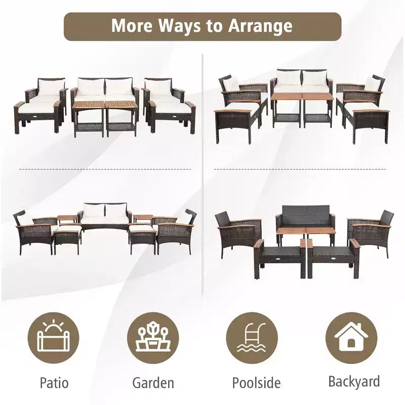 Set mobili da patio Costway 7 pezzi in rattan con divano, poltrona a due posti e tavolo imbottiti
