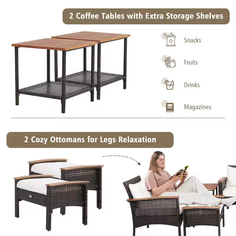 Set mobili da patio Costway 7 pezzi in rattan con divano, poltrona a due posti e tavolo imbottiti