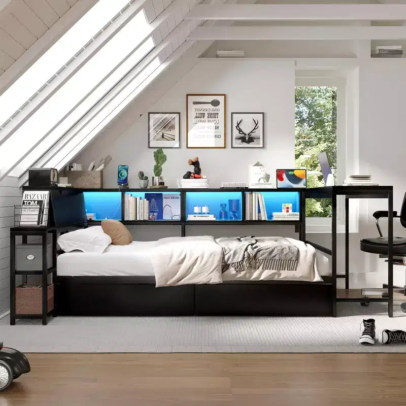 GDFStudio Letto ad angolo moderno Curme con libreria e 2 cassetti portaoggetti sottoletto