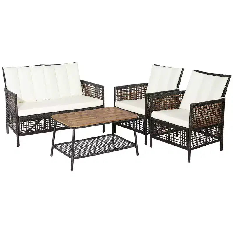 Set di mobili da giardino in rattan Costway 8 pezzi, sedie imbottite, tavolo in legno con ripiano