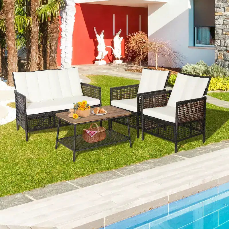 Set di mobili da giardino in rattan Costway 8 pezzi, sedie imbottite, tavolo in legno con ripiano