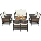 Set di mobili da giardino in rattan Costway 8 pezzi, sedie imbottite, tavolo in legno con ripiano