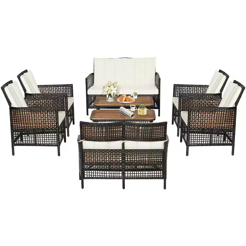 Set di mobili da giardino in rattan Costway 8 pezzi, sedie imbottite, tavolo in legno con ripiano