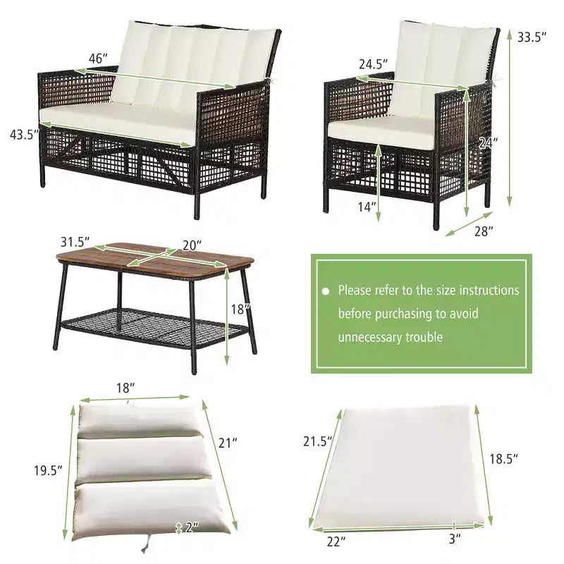 Set di mobili da giardino in rattan Costway 8 pezzi, sedie imbottite, tavolo in legno con ripiano