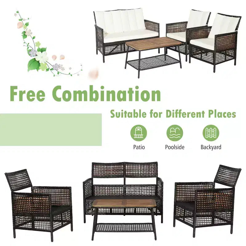 Set di mobili da giardino in rattan Costway 8 pezzi, sedie imbottite, tavolo in legno con ripiano