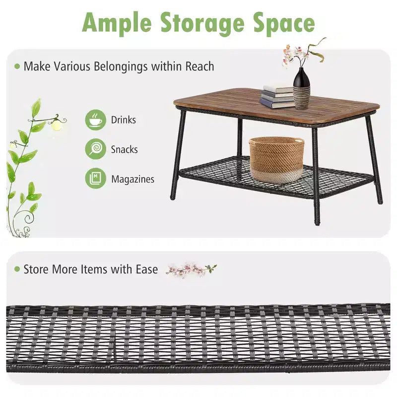 Set di mobili da giardino in rattan Costway 8 pezzi, sedie imbottite, tavolo in legno con ripiano
