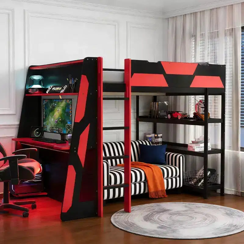 Luxystar Letto a soppalco completo da gaming con scrivania, mensole e luci