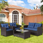 Costway Set Mobili da Giardino in Rattan 4 Pezzi Tavolo in Vetro Scaffale Divano Cuscino