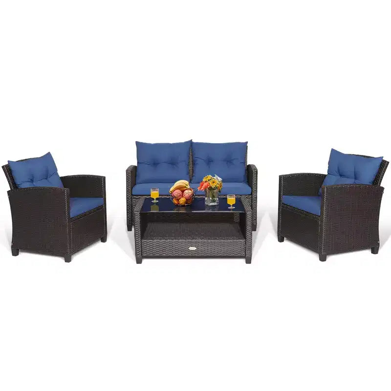 Costway Set Mobili da Giardino in Rattan 4 Pezzi Tavolo in Vetro Scaffale Divano Cuscino