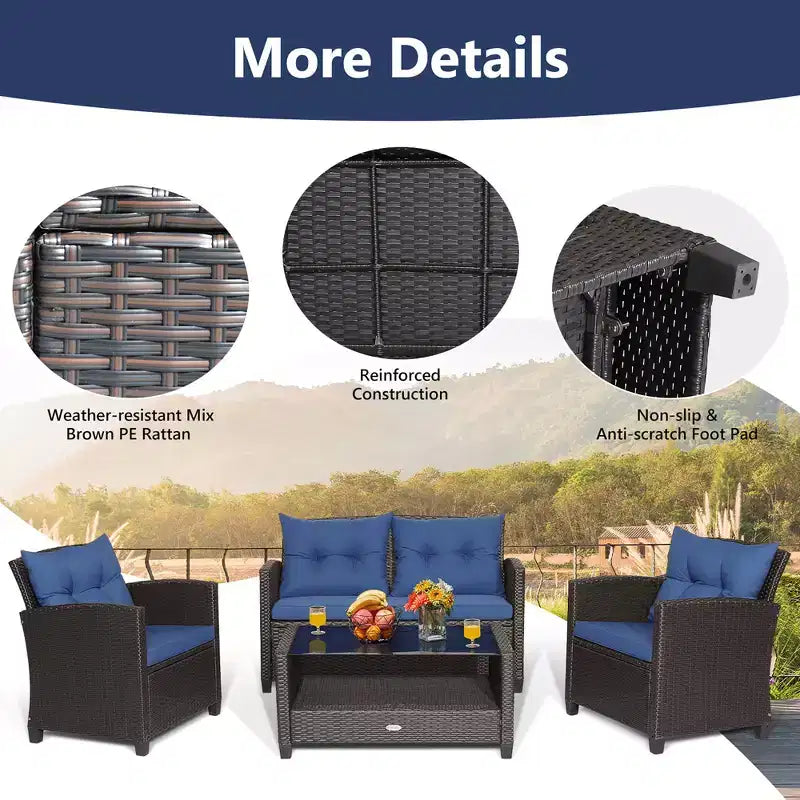 Costway Set Mobili da Giardino in Rattan 4 Pezzi Tavolo in Vetro Scaffale Divano Cuscino