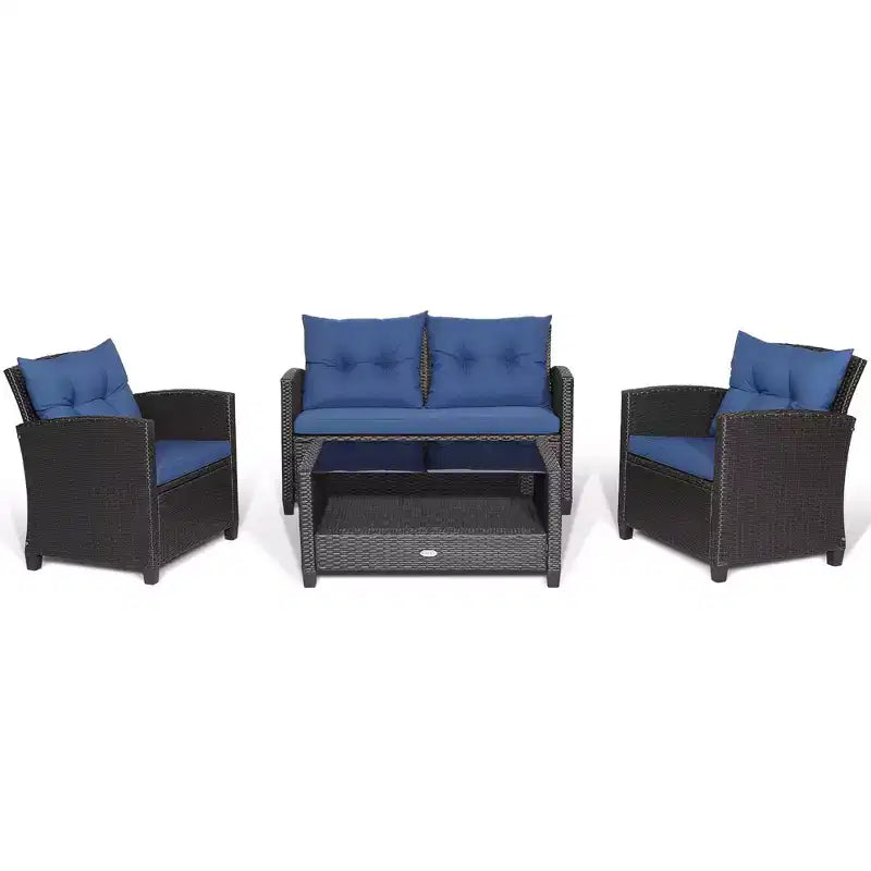 Costway Set Mobili da Giardino in Rattan 4 Pezzi Tavolo in Vetro Scaffale Divano Cuscino