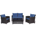 Costway Set Mobili da Giardino in Rattan 4 Pezzi Tavolo in Vetro Scaffale Divano Cuscino