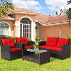 Costway Set Mobili da Giardino in Rattan 4 Pezzi Tavolo in Vetro Scaffale Divano Cuscino