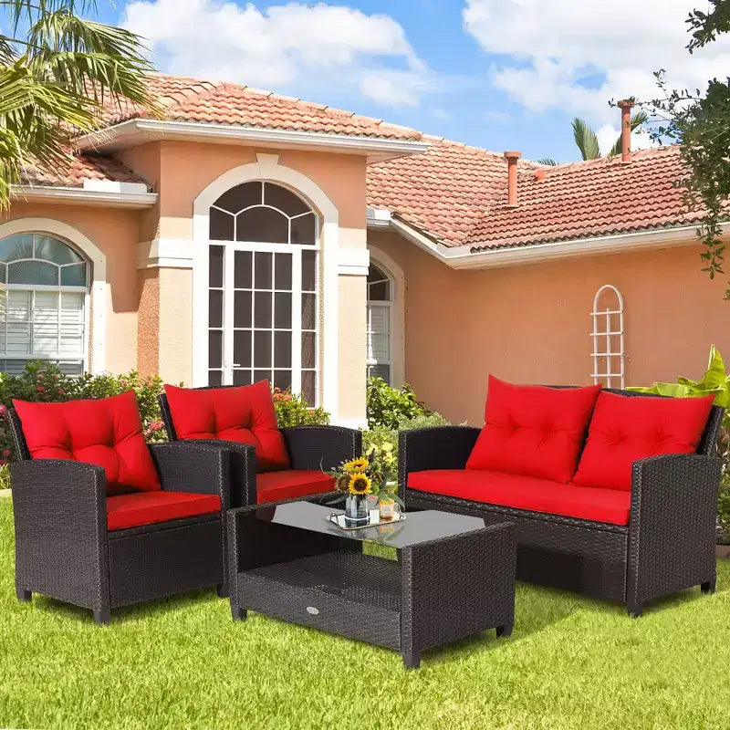Costway Set Mobili da Giardino in Rattan 4 Pezzi Tavolo in Vetro Scaffale Divano Cuscino