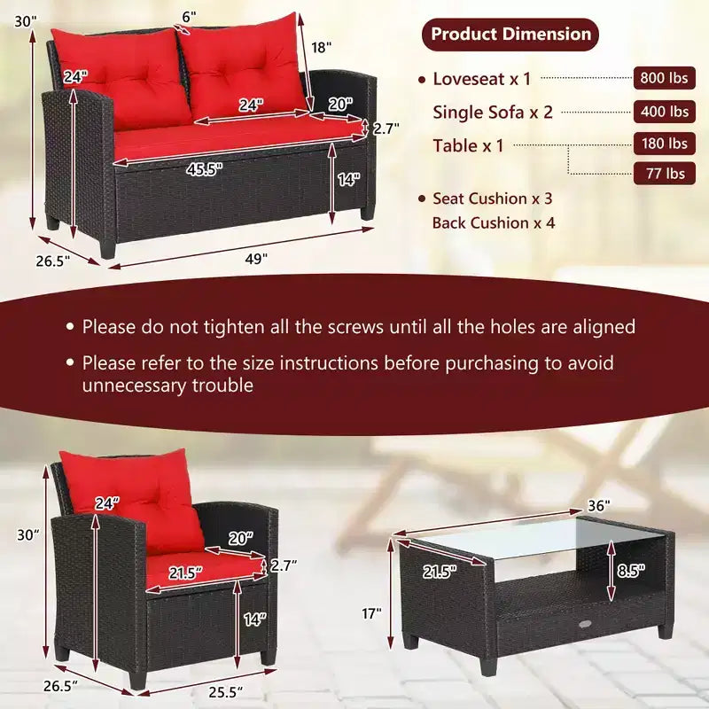 Costway Set Mobili da Giardino in Rattan 4 Pezzi Tavolo in Vetro Scaffale Divano Cuscino
