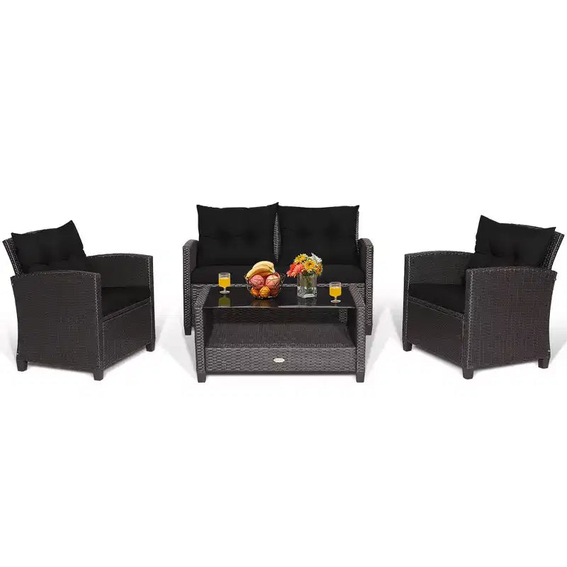 Costway Set Mobili da Giardino in Rattan 4 Pezzi Tavolo in Vetro Scaffale Divano Cuscino