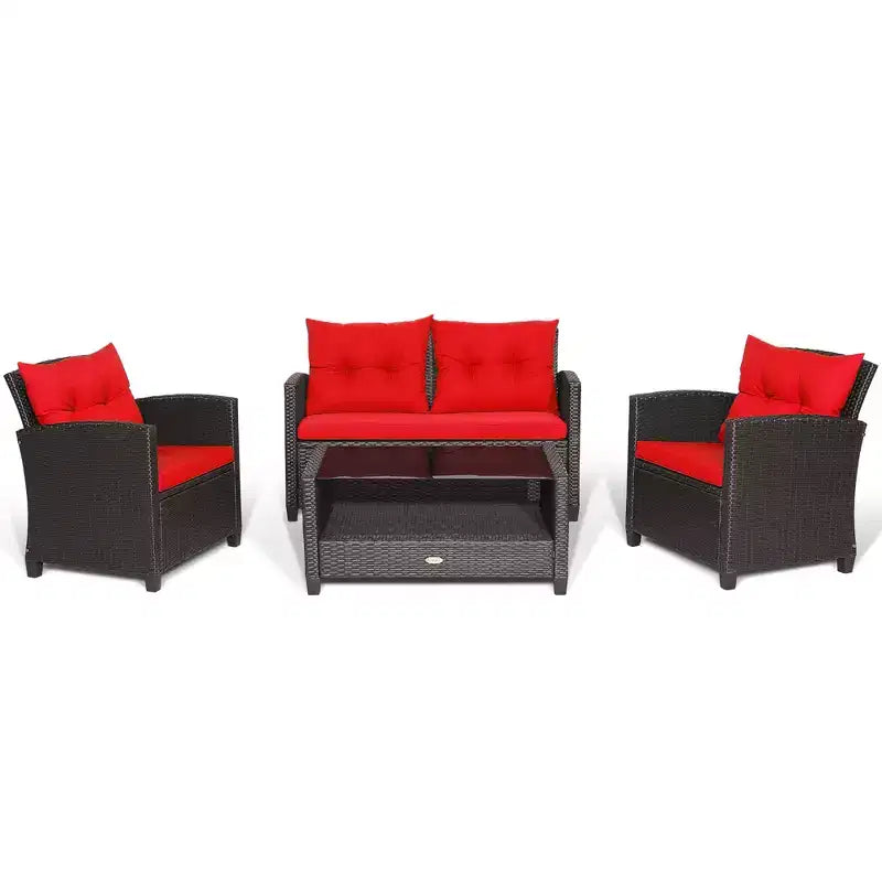 Costway Set Mobili da Giardino in Rattan 4 Pezzi Tavolo in Vetro Scaffale Divano Cuscino