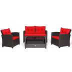 Costway Set Mobili da Giardino in Rattan 4 Pezzi Tavolo in Vetro Scaffale Divano Cuscino