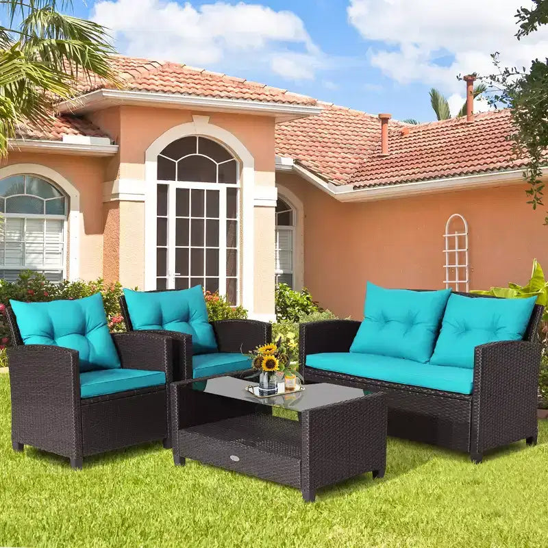 Costway Set Mobili da Giardino in Rattan 4 Pezzi Tavolo in Vetro Scaffale Divano Cuscino