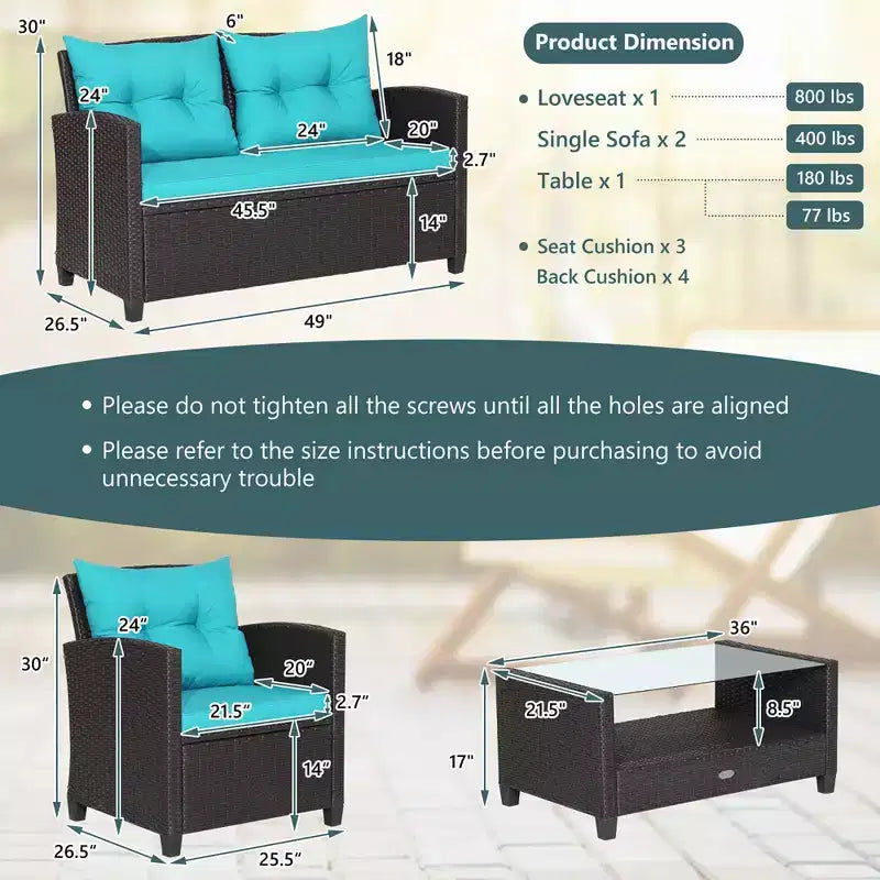 Costway Set Mobili da Giardino in Rattan 4 Pezzi Tavolo in Vetro Scaffale Divano Cuscino