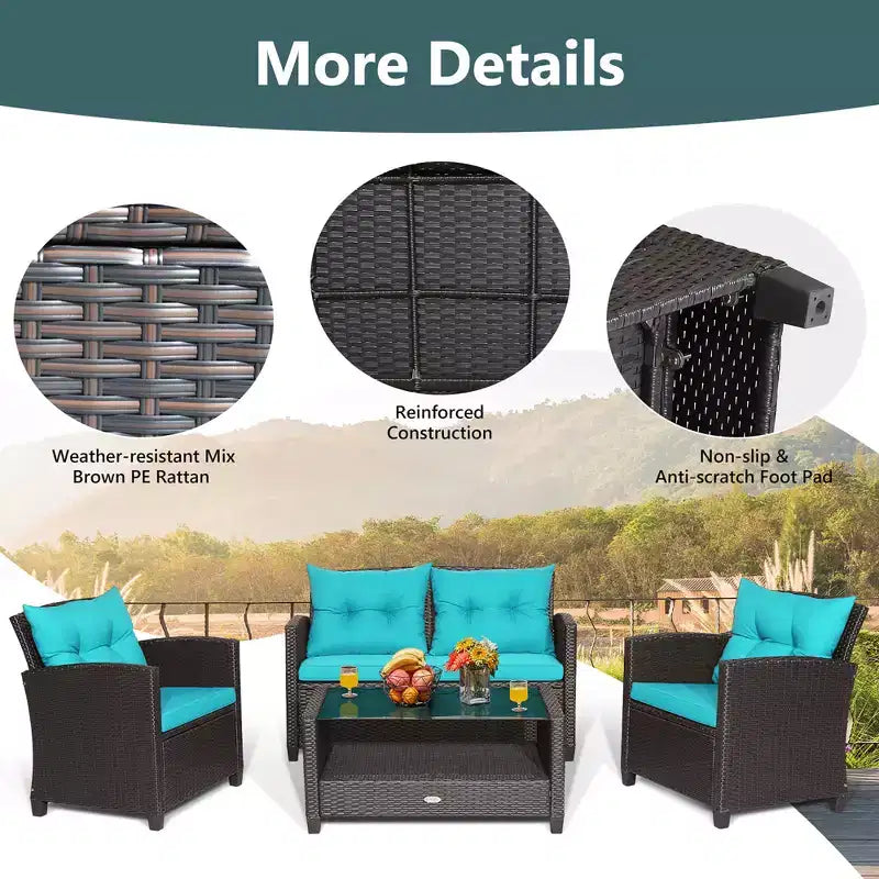 Costway Set Mobili da Giardino in Rattan 4 Pezzi Tavolo in Vetro Scaffale Divano Cuscino