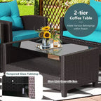 Costway Set Mobili da Giardino in Rattan 4 Pezzi Tavolo in Vetro Scaffale Divano Cuscino