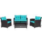 Costway Set Mobili da Giardino in Rattan 4 Pezzi Tavolo in Vetro Scaffale Divano Cuscino