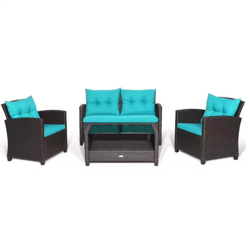 Costway Set Mobili da Giardino in Rattan 4 Pezzi Tavolo in Vetro Scaffale Divano Cuscino