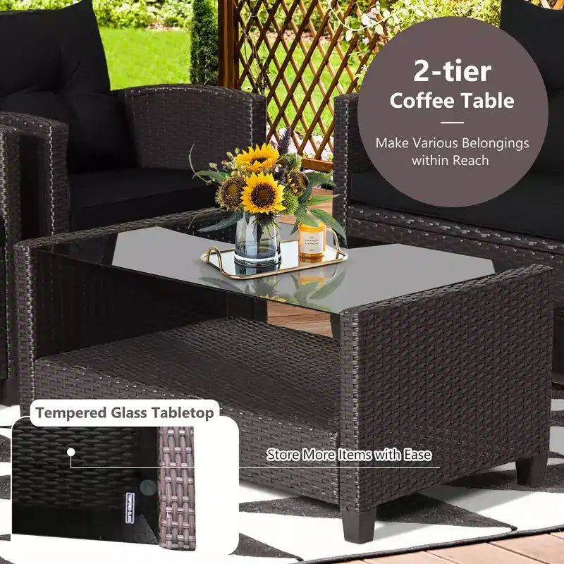 Costway Set Mobili da Giardino in Rattan 4 Pezzi Tavolo in Vetro Scaffale Divano Cuscino